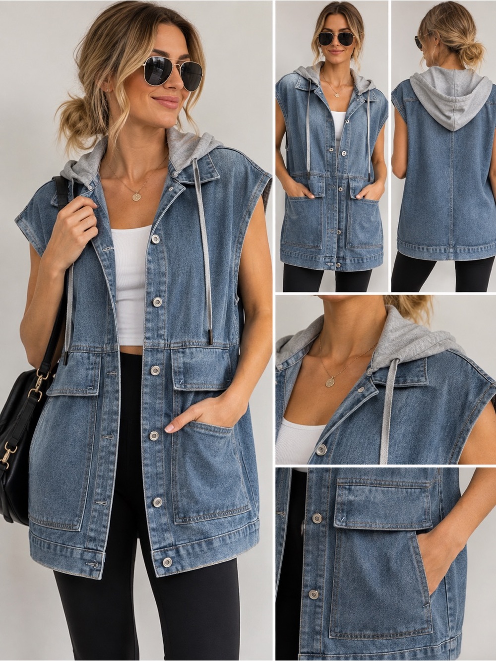 Women’s Oversized Denim Hooded Vest Small Blue Jean Jacket